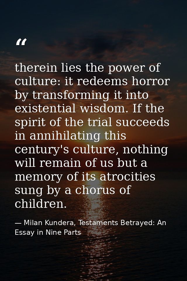 therein lies the power of culture: it redeems horror by transforming it into existential wisdom. If the spirit of the tr — Milan Kundera, Testaments Betrayed: An Essay in Nine Parts