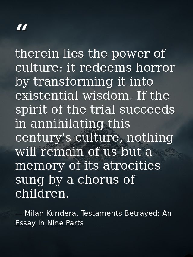 therein lies the power of culture: it redeems horror by transforming it into existential wisdom. If the spirit of the tr — Milan Kundera, Testaments Betrayed: An Essay in Nine Parts