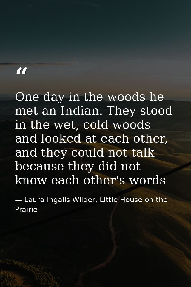 One day in the woods he met an Indian. They stood in the wet, cold woods and looked at each other, and they could not ta — Laura Ingalls Wilder, Little House on the Prairie