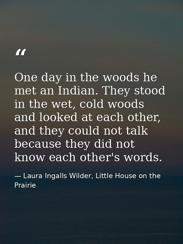 One day in the woods he met an Indian. They stood in the wet, cold woods and looked at each other, and they could not ta — Laura Ingalls Wilder, Little House on the Prairie