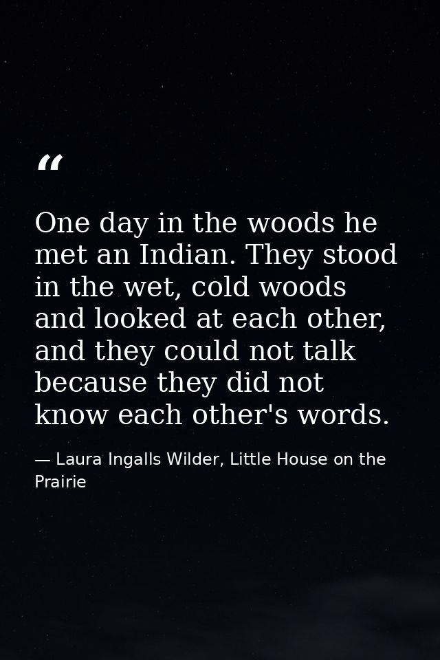One day in the woods he met an Indian. They stood in the wet, cold woods and looked at each other, and they could not ta — Laura Ingalls Wilder, Little House on the Prairie