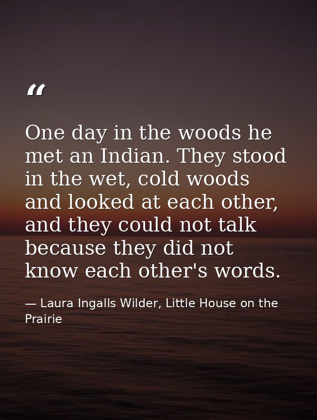 One day in the woods he met an Indian. They stood in the wet, cold woods and looked at each other, and they could not ta — Laura Ingalls Wilder, Little House on the Prairie