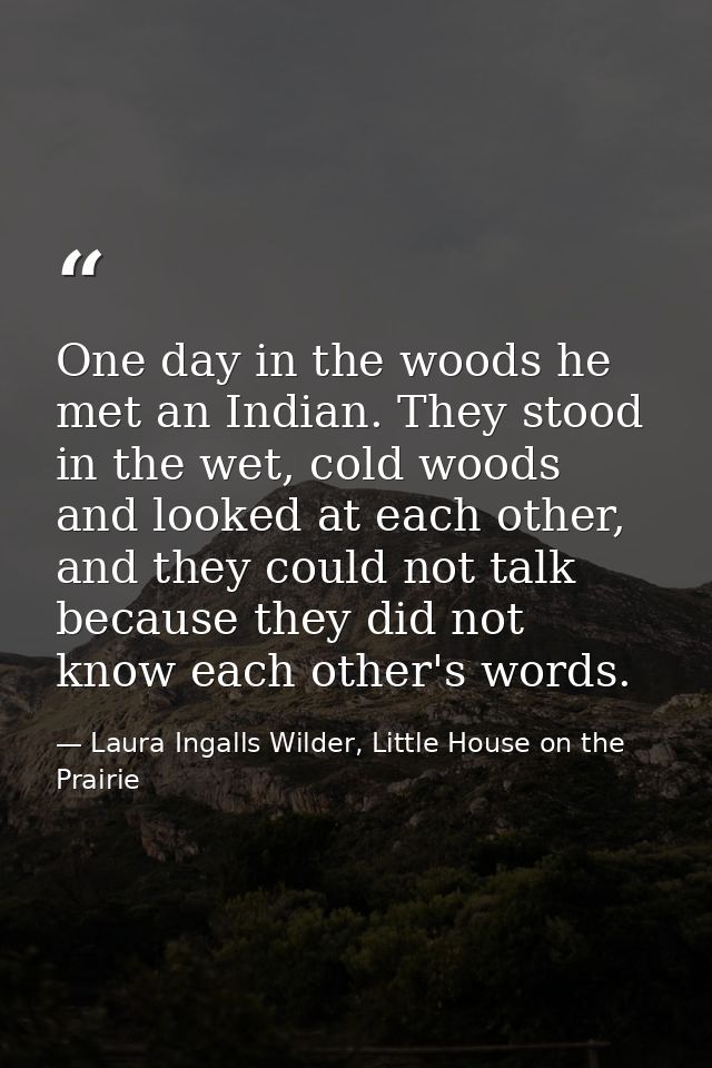 One day in the woods he met an Indian. They stood in the wet, cold woods and looked at each other, and they could not ta — Laura Ingalls Wilder, Little House on the Prairie