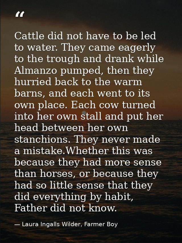 Cattle did not have to be led to water. They came eagerly to the trough and drank while Almanzo pumped, then they hurrie — Laura Ingalls Wilder, Farmer Boy
