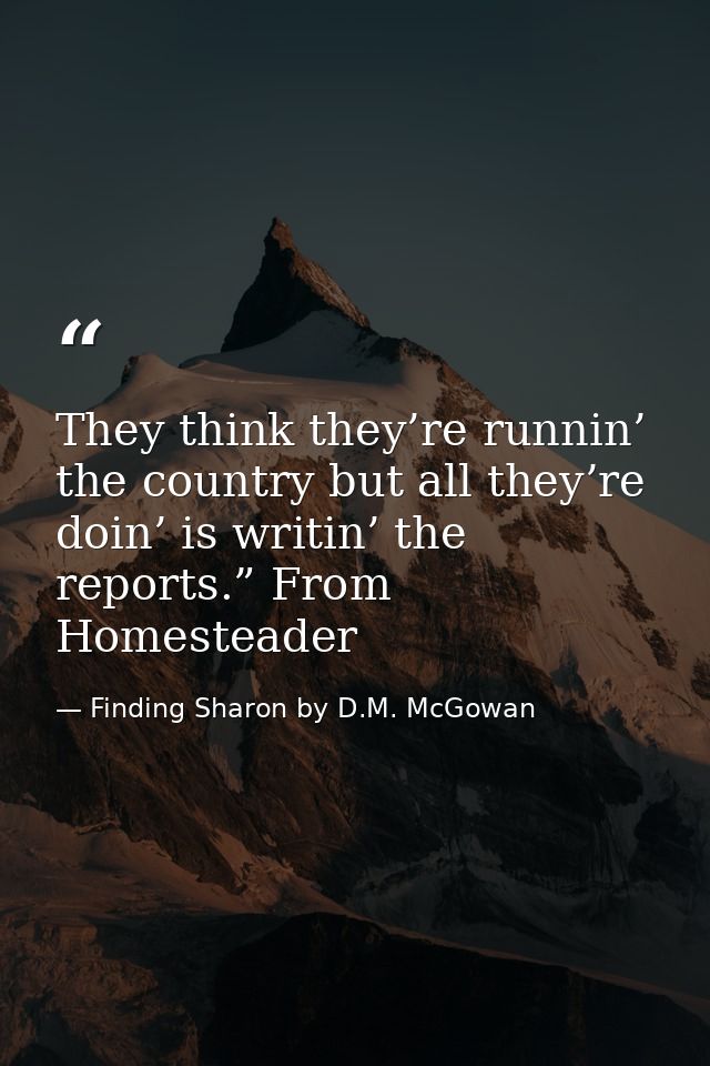 They think they’re runnin’ the country but all they’re doin’ is writin’ the reports.” From Homesteader — Finding Sharon by D.M. McGowan