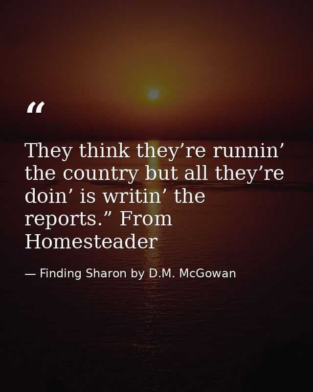 They think they’re runnin’ the country but all they’re doin’ is writin’ the reports.” From Homesteader — Finding Sharon by D.M. McGowan