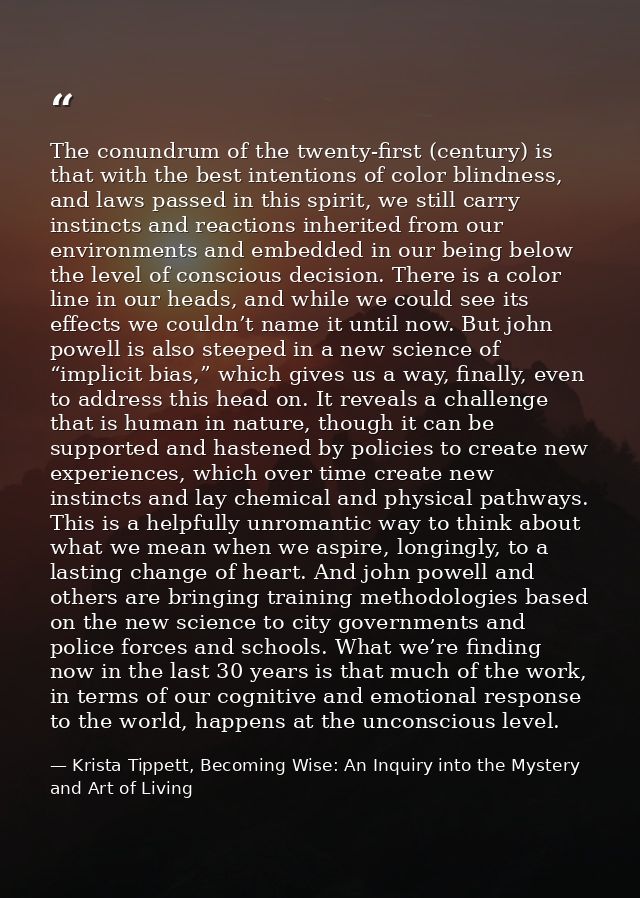 The conundrum of the twenty-first (century) is that with the best intentions of color blindness, and laws passed in this — Krista Tippett, Becoming Wise: An Inquiry into the Mystery and Art of Living