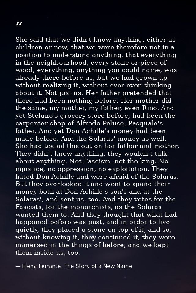 She said that we didn't know anything, either as children or now, that we were therefore not in a position to understand — Elena Ferrante, The Story of a New Name