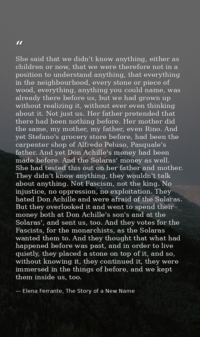She said that we didn't know anything, either as children or now, that we were therefore not in a position to understand — Elena Ferrante, The Story of a New Name