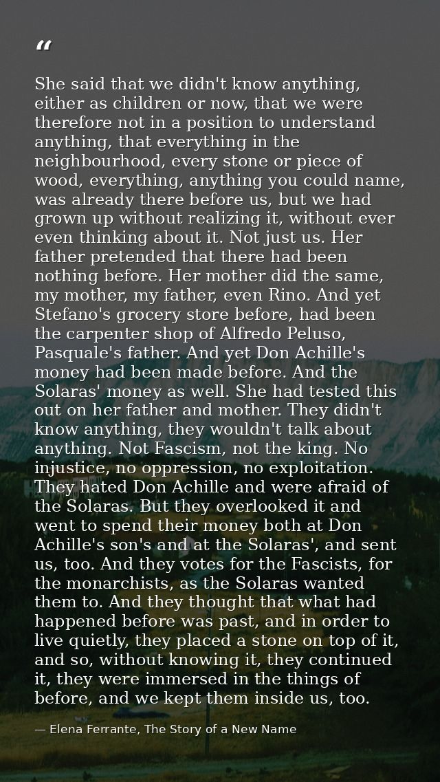 She said that we didn't know anything, either as children or now, that we were therefore not in a position to understand — Elena Ferrante, The Story of a New Name