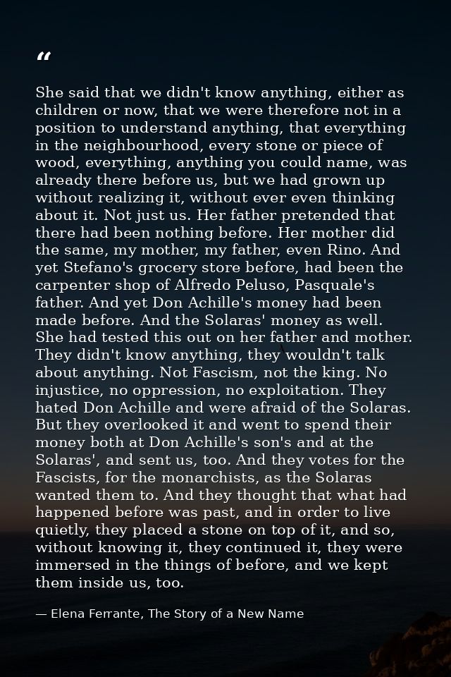 She said that we didn't know anything, either as children or now, that we were therefore not in a position to understand — Elena Ferrante, The Story of a New Name
