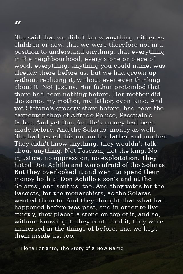 She said that we didn't know anything, either as children or now, that we were therefore not in a position to understand — Elena Ferrante, The Story of a New Name