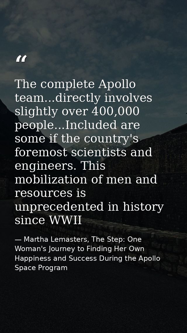 The complete Apollo team...directly involves slightly over 400,000 people...Included are some if the country's foremost  — Martha Lemasters, The Step: One Woman's Journey to Finding Her Own Happiness and Success During the Apollo Space Program