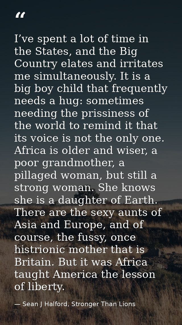 I’ve spent a lot of time in the States, and the Big Country elates and irritates me simultaneously. It is a big boy chil — Sean J Halford, Stronger Than Lions