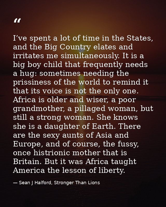 I’ve spent a lot of time in the States, and the Big Country elates and irritates me simultaneously. It is a big boy chil — Sean J Halford, Stronger Than Lions