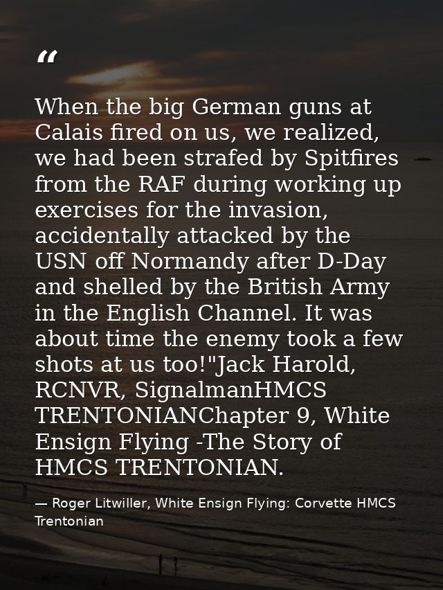 When the big German guns at Calais fired on us, we realized, we had been strafed by Spitfires from the RAF during workin — Roger Litwiller, White Ensign Flying: Corvette HMCS Trentonian