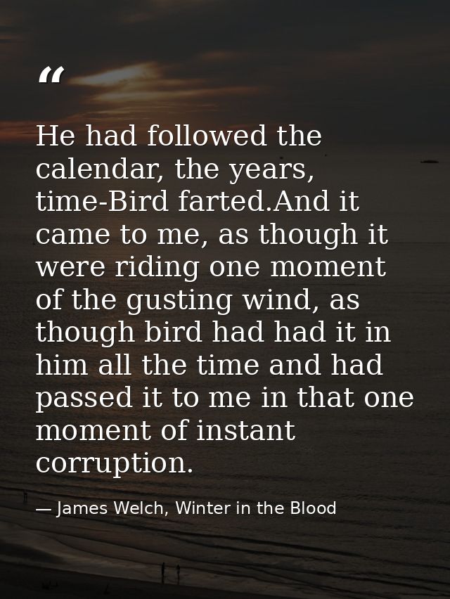 He had followed the calendar, the years, time-Bird farted.And it came to me, as though it were riding one moment of the  — James Welch, Winter in the Blood