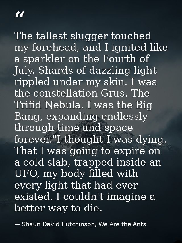The tallest slugger touched my forehead, and I ignited like a sparkler on the Fourth of July. Shards of dazzling light r — Shaun David Hutchinson, We Are the Ants