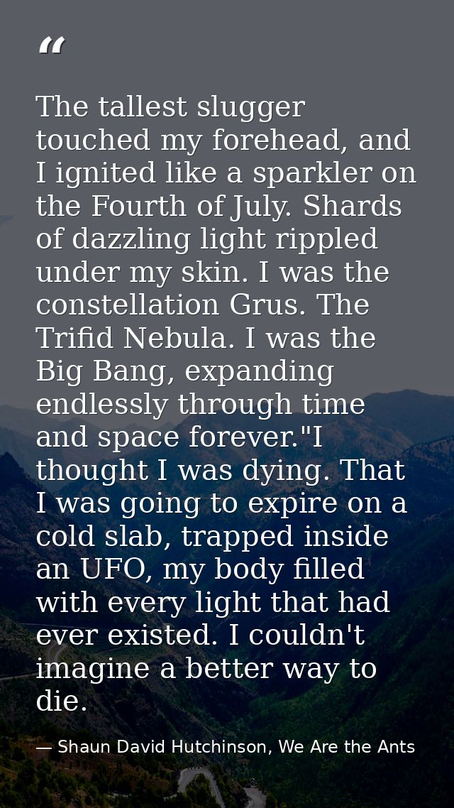 The tallest slugger touched my forehead, and I ignited like a sparkler on the Fourth of July. Shards of dazzling light r — Shaun David Hutchinson, We Are the Ants