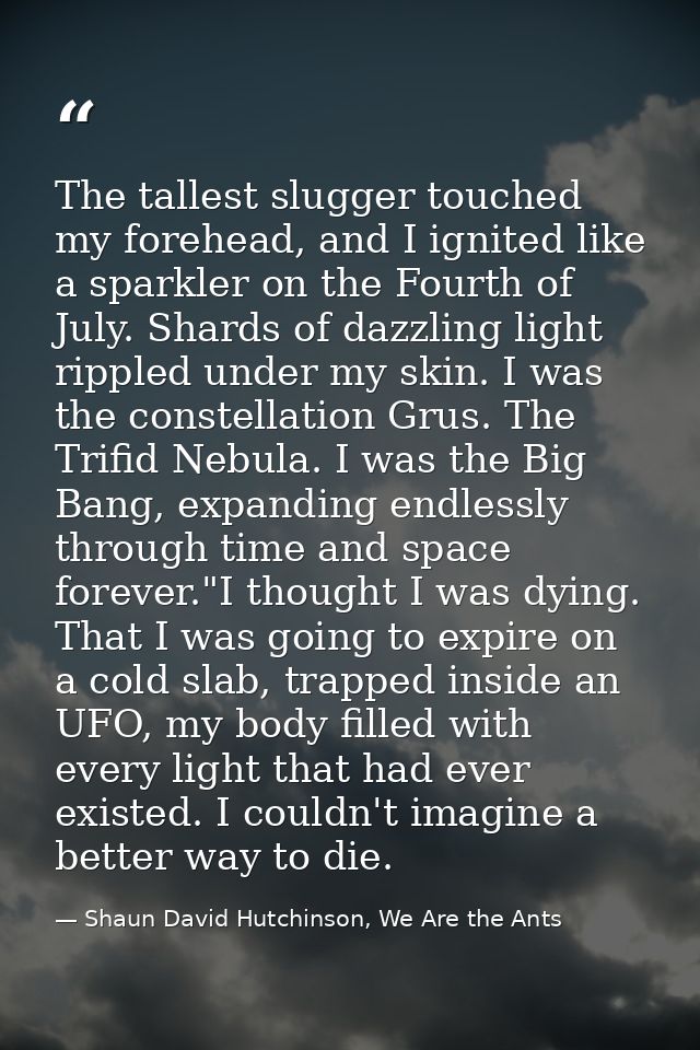 The tallest slugger touched my forehead, and I ignited like a sparkler on the Fourth of July. Shards of dazzling light r — Shaun David Hutchinson, We Are the Ants