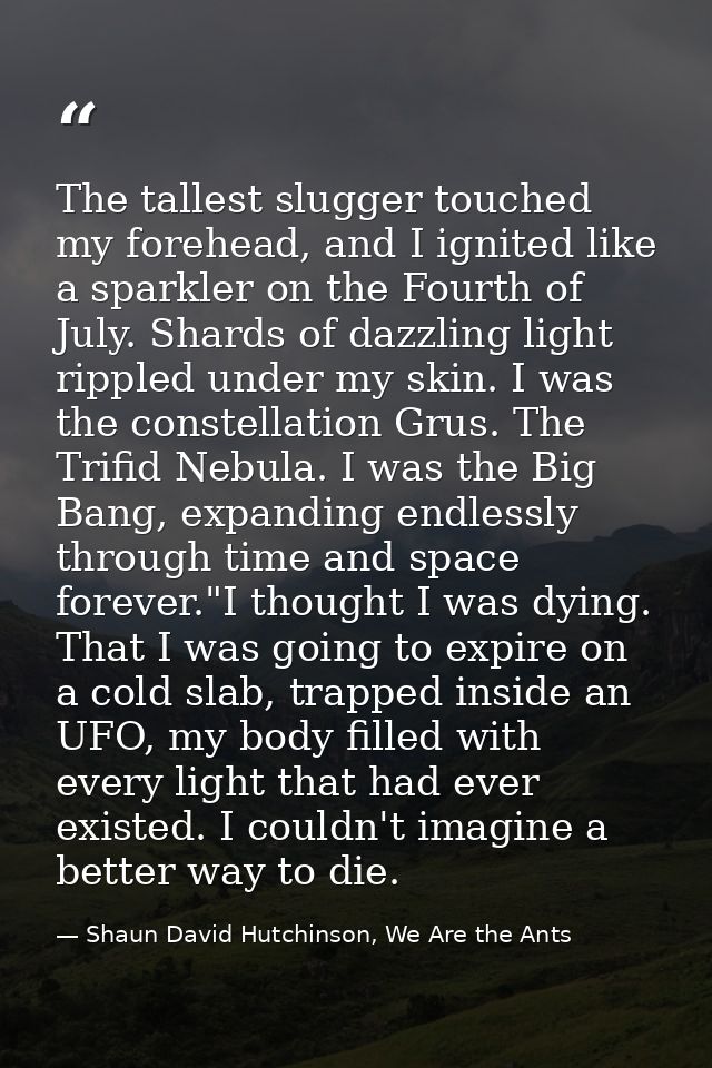 The tallest slugger touched my forehead, and I ignited like a sparkler on the Fourth of July. Shards of dazzling light r — Shaun David Hutchinson, We Are the Ants