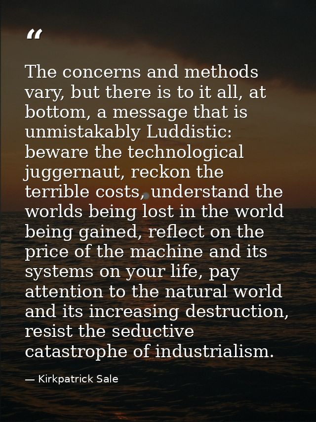 The concerns and methods vary, but there is to it all, at bottom, a message that is unmistakably Luddistic: beware the t — Kirkpatrick Sale