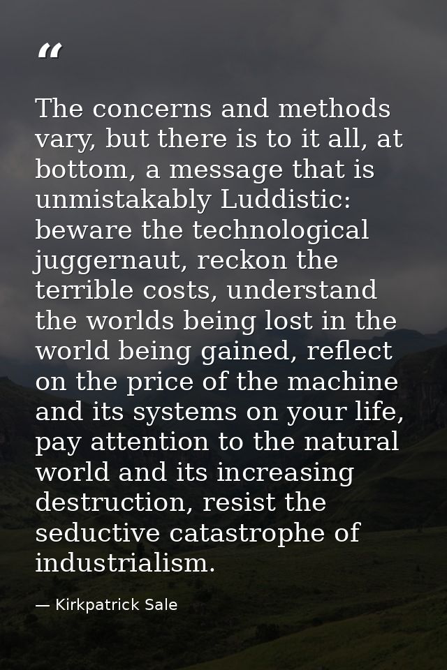 The concerns and methods vary, but there is to it all, at bottom, a message that is unmistakably Luddistic: beware the t — Kirkpatrick Sale