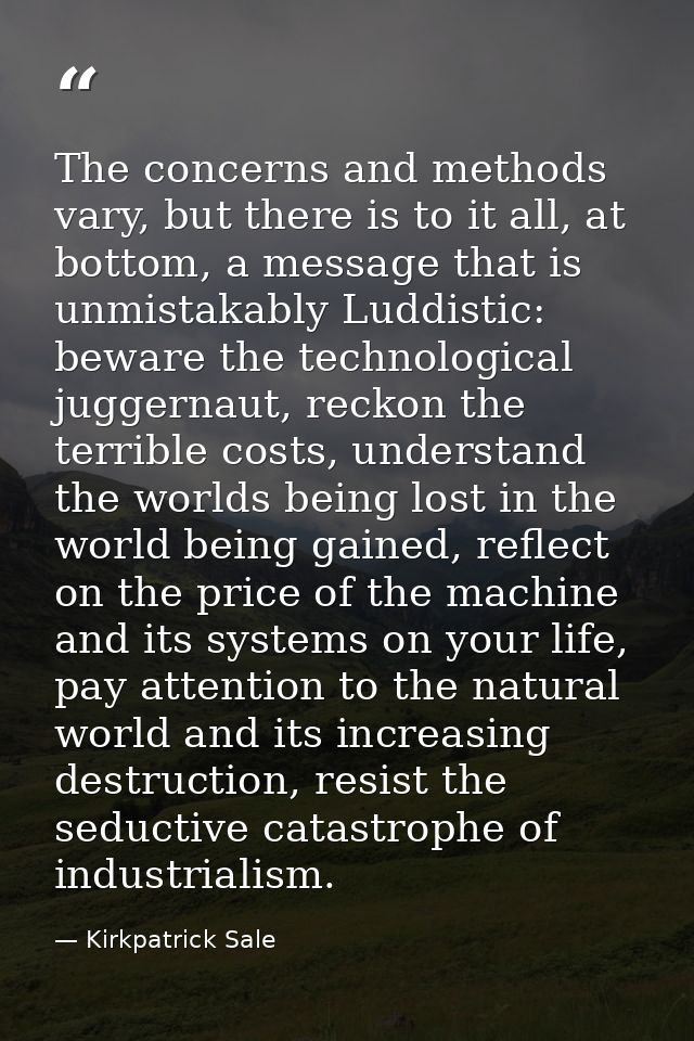 The concerns and methods vary, but there is to it all, at bottom, a message that is unmistakably Luddistic: beware the t — Kirkpatrick Sale