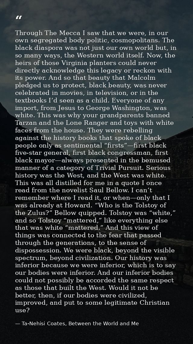 Through The Mecca I saw that we were, in our own segregated body politic, cosmopolitans. The black diaspora was not just — Ta-Nehisi Coates, Between the World and Me