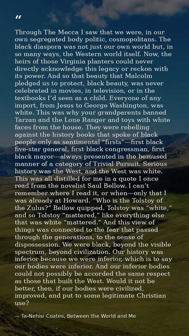 Through The Mecca I saw that we were, in our own segregated body politic, cosmopolitans. The black diaspora was not just — Ta-Nehisi Coates, Between the World and Me