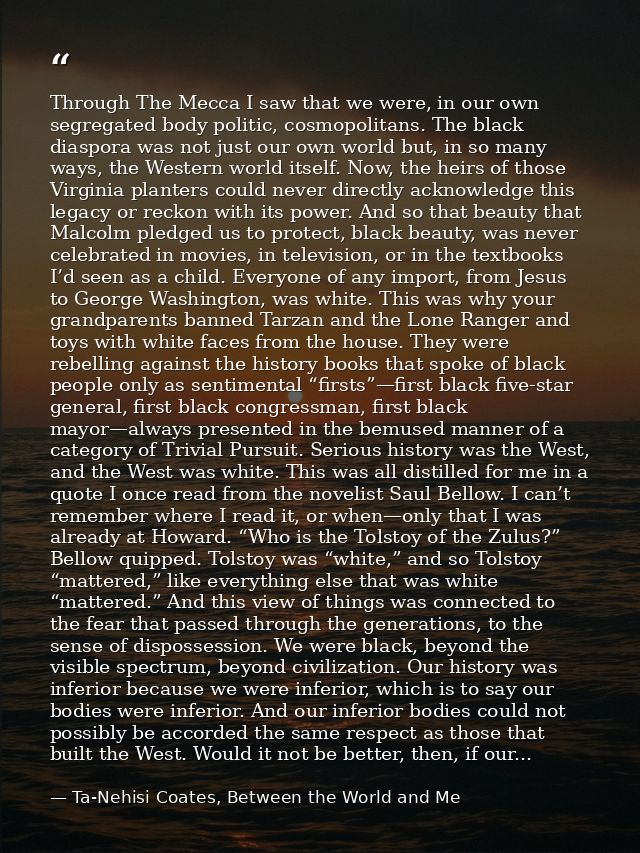 Through The Mecca I saw that we were, in our own segregated body politic, cosmopolitans. The black diaspora was not just — Ta-Nehisi Coates, Between the World and Me