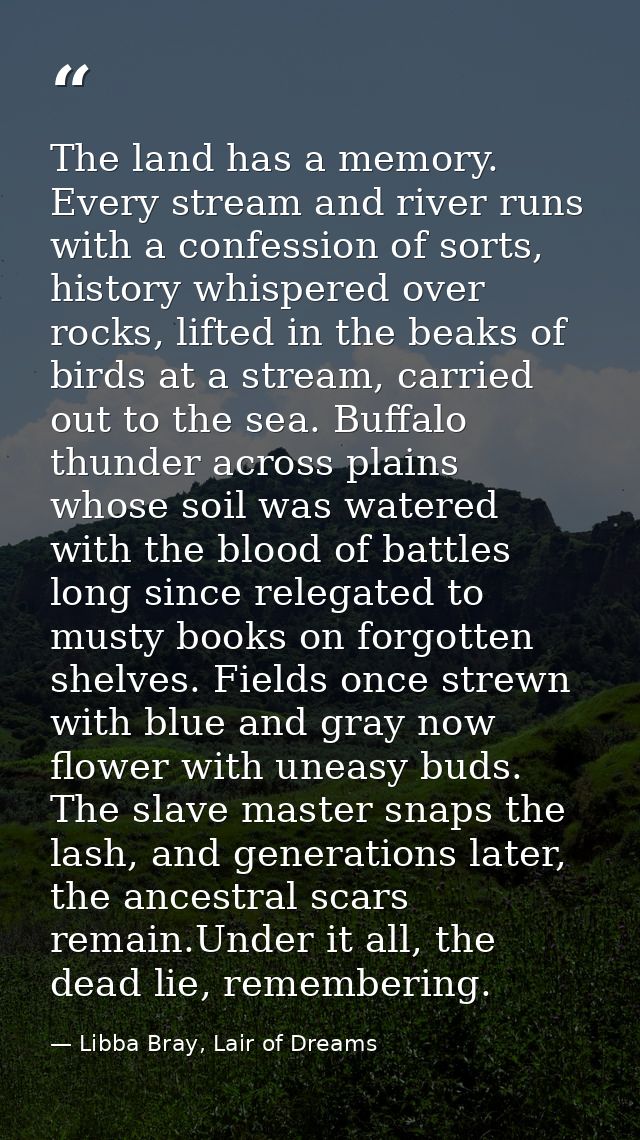 The land has a memory. Every stream and river runs with a confession of sorts, history whispered over rocks, lifted in t — Libba Bray, Lair of Dreams