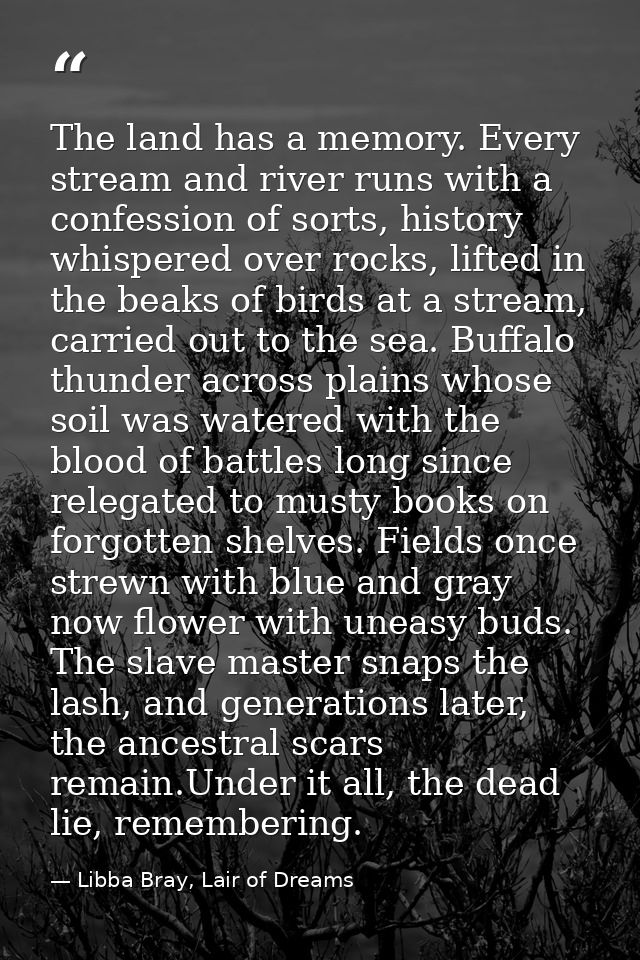 The land has a memory. Every stream and river runs with a confession of sorts, history whispered over rocks, lifted in t — Libba Bray, Lair of Dreams