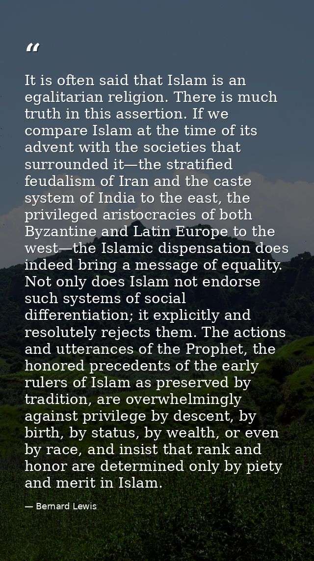 It is often said that Islam is an egalitarian religion. There is much truth in this assertion. If we compare Islam at th — Bernard Lewis