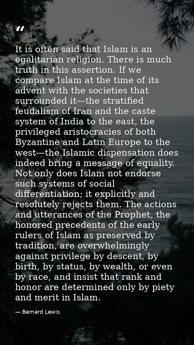 It is often said that Islam is an egalitarian religion. There is much truth in this assertion. If we compare Islam at th — Bernard Lewis