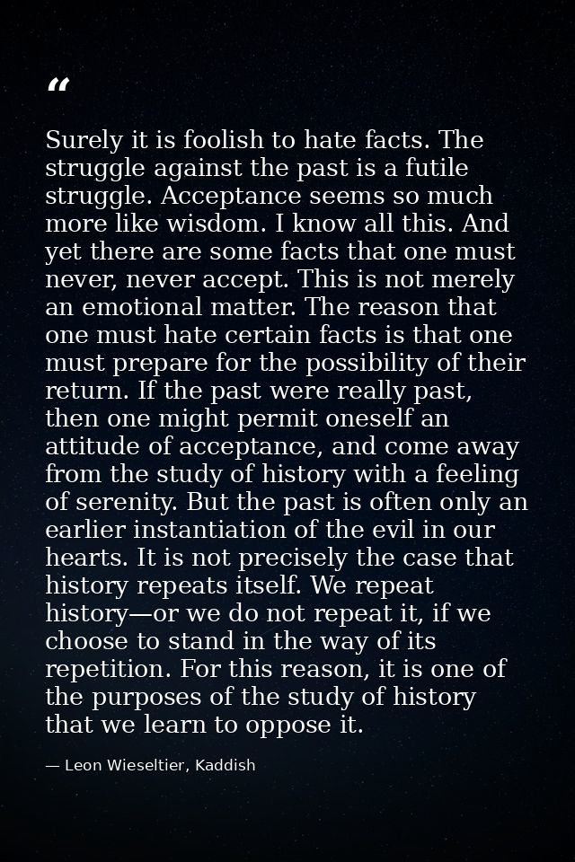Surely it is foolish to hate facts. The struggle against the past is a futile struggle. Acceptance seems so much more li — Leon Wieseltier, Kaddish