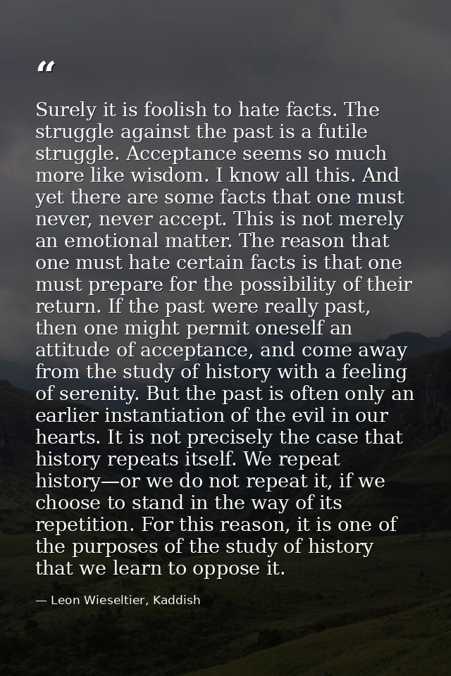 Surely it is foolish to hate facts. The struggle against the past is a futile struggle. Acceptance seems so much more li — Leon Wieseltier, Kaddish