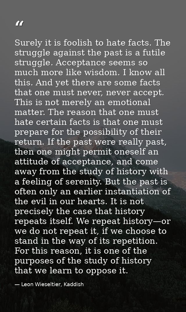 Surely it is foolish to hate facts. The struggle against the past is a futile struggle. Acceptance seems so much more li — Leon Wieseltier, Kaddish