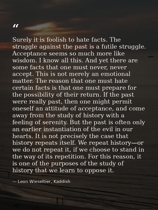 Surely it is foolish to hate facts. The struggle against the past is a futile struggle. Acceptance seems so much more li — Leon Wieseltier, Kaddish
