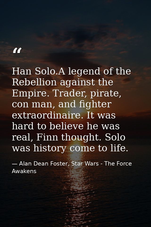 Han Solo.A legend of the Rebellion against the Empire. Trader, pirate, con man, and fighter extraordinaire. It was hard  — Alan Dean Foster, Star Wars - The Force Awakens