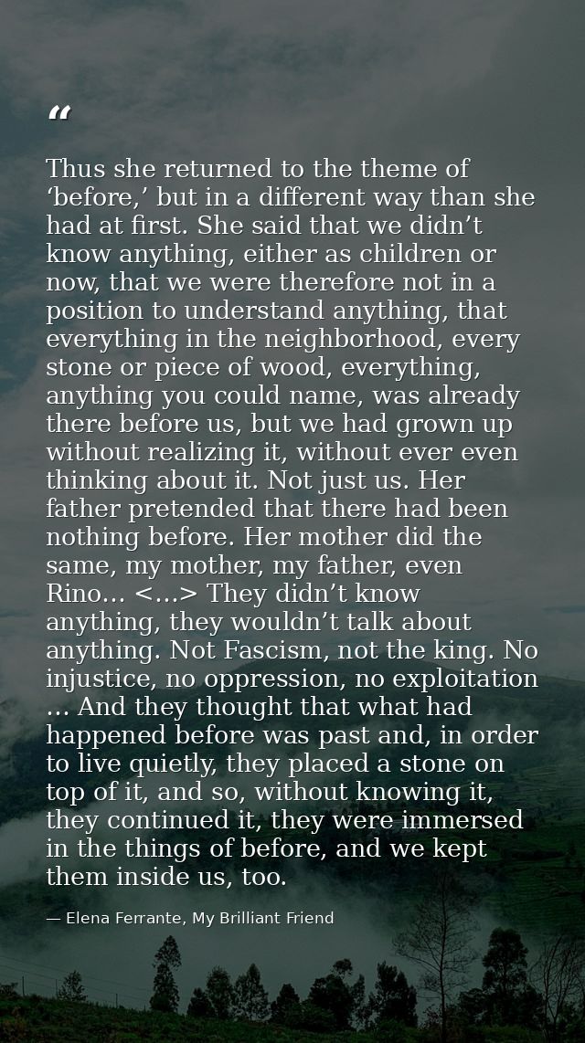 Thus she returned to the theme of ‘before,’ but in a different way than she had at first. She said that we didn’t know a — Elena Ferrante, My Brilliant Friend