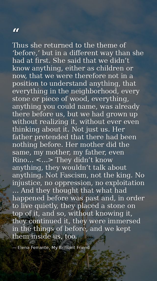 Thus she returned to the theme of ‘before,’ but in a different way than she had at first. She said that we didn’t know a — Elena Ferrante, My Brilliant Friend