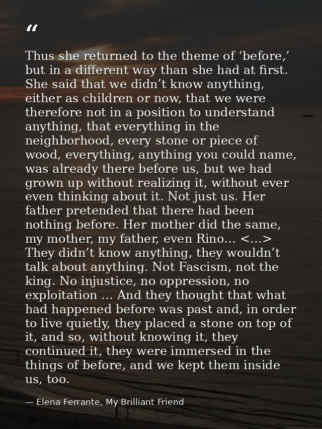 Thus she returned to the theme of ‘before,’ but in a different way than she had at first. She said that we didn’t know a — Elena Ferrante, My Brilliant Friend