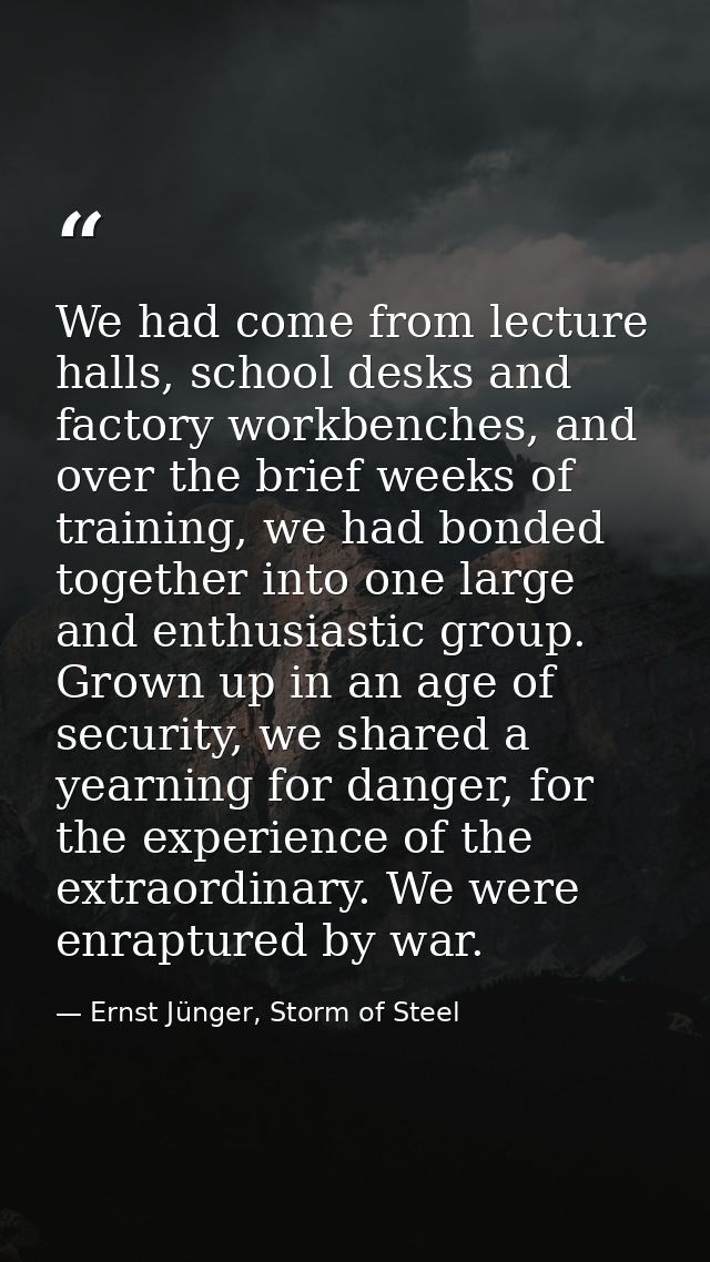 We had come from lecture halls, school desks and factory workbenches, and over the brief weeks of training, we had bonde — Ernst Jünger, Storm of Steel