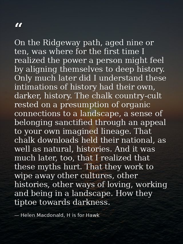 On the Ridgeway path, aged nine or ten, was where for the first time I realized the power a person might feel by alignin — Helen Macdonald, H is for Hawk