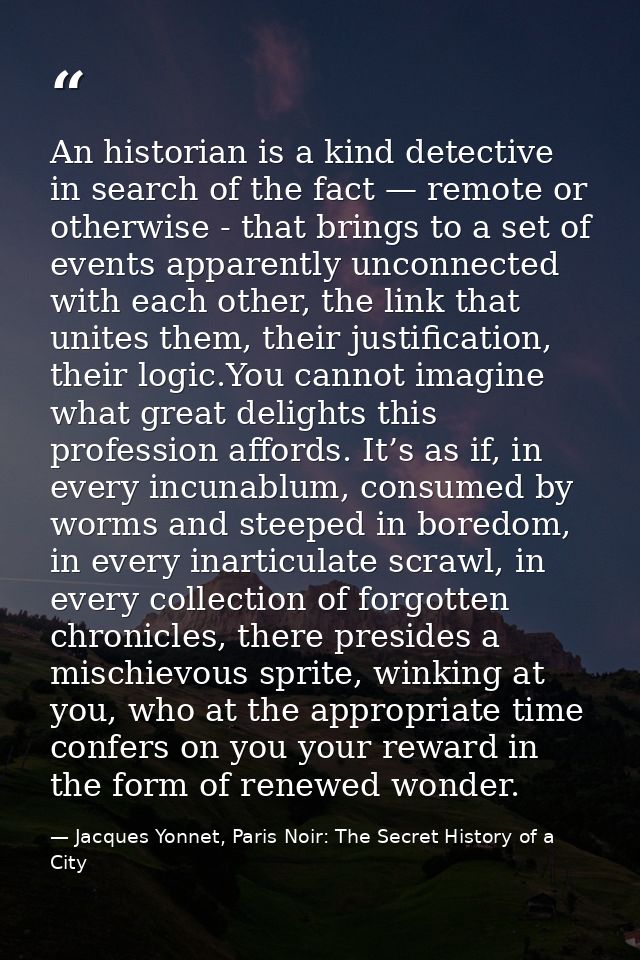 An historian is a kind detective in search of the fact — remote or otherwise - that brings to a set of events apparently — Jacques Yonnet, Paris Noir: The Secret History of a City