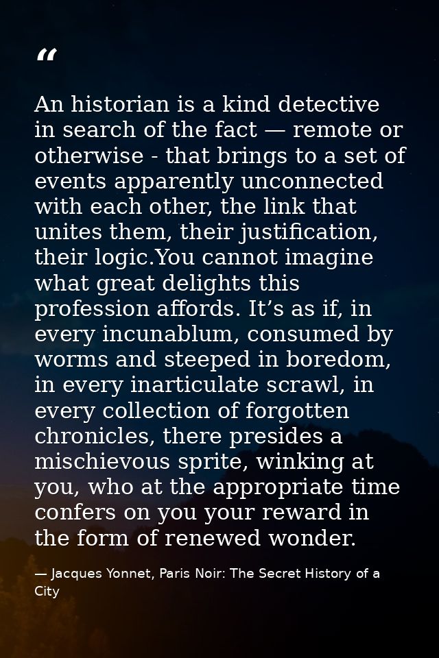 An historian is a kind detective in search of the fact — remote or otherwise - that brings to a set of events apparently — Jacques Yonnet, Paris Noir: The Secret History of a City