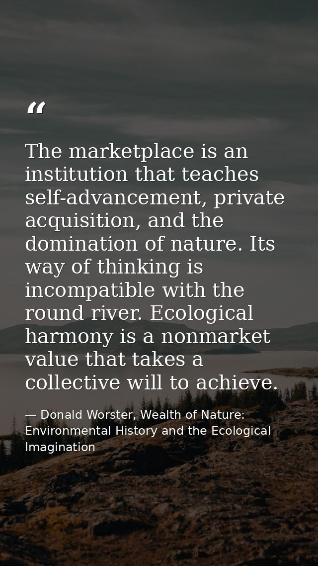 The marketplace is an institution that teaches self-advancement, private acquisition, and the domination of nature. Its  — Donald Worster, Wealth of Nature: Environmental History and the Ecological Imagination