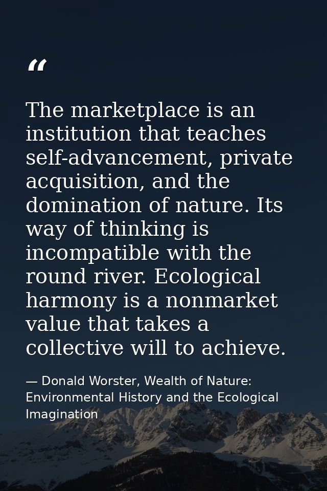 The marketplace is an institution that teaches self-advancement, private acquisition, and the domination of nature. Its  — Donald Worster, Wealth of Nature: Environmental History and the Ecological Imagination