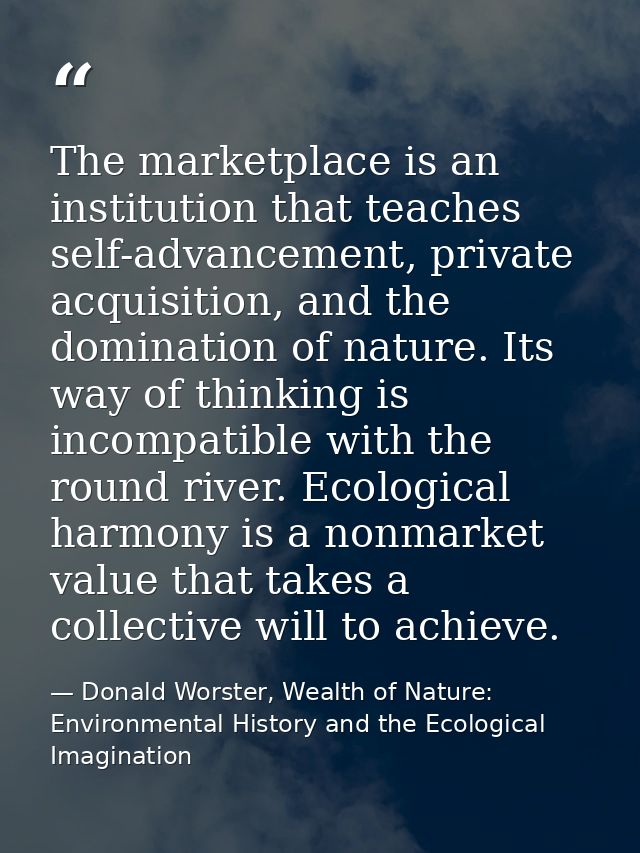The marketplace is an institution that teaches self-advancement, private acquisition, and the domination of nature. Its  — Donald Worster, Wealth of Nature: Environmental History and the Ecological Imagination